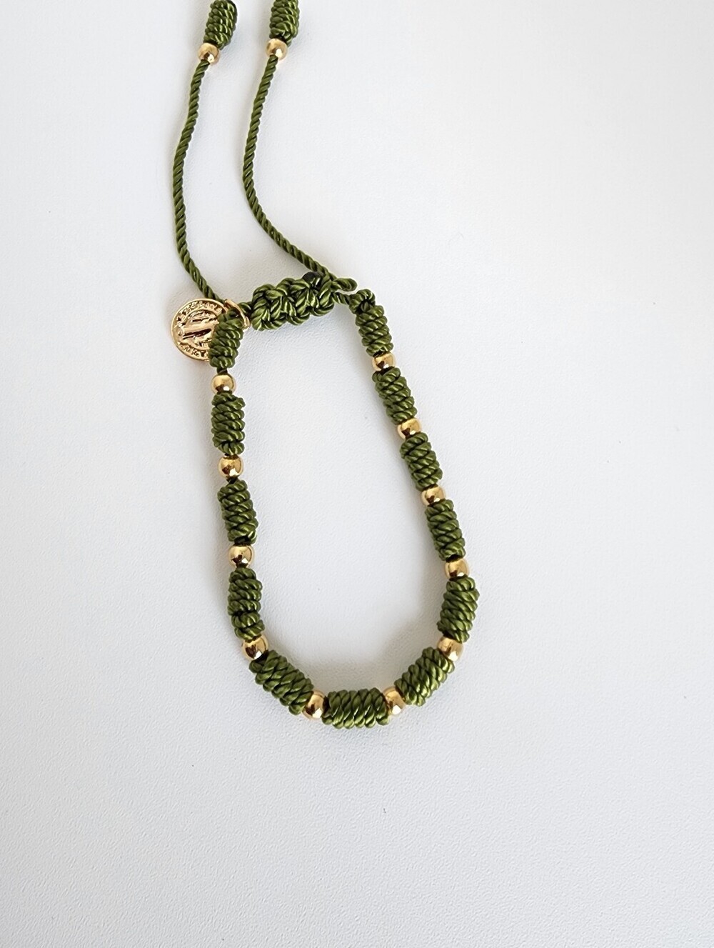 Olive Green Adjustable Cord Bracelet Gold Tone Beaded Boho Chic Gift